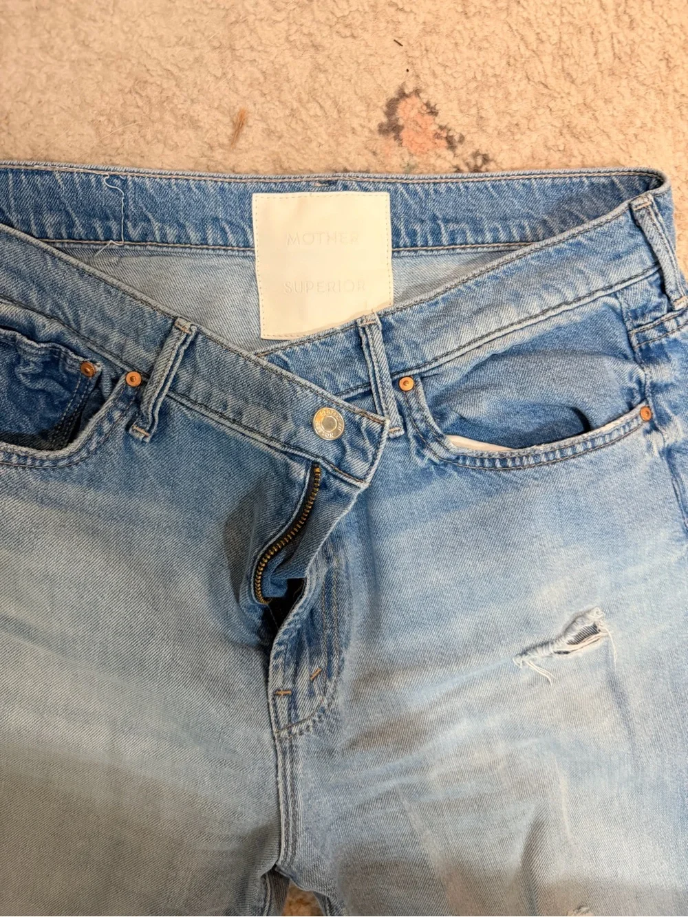 MOTHER Light Blue Distressed Wide-Leg Jeans Lil’ Dodger Sneak - Picture 3 of 7